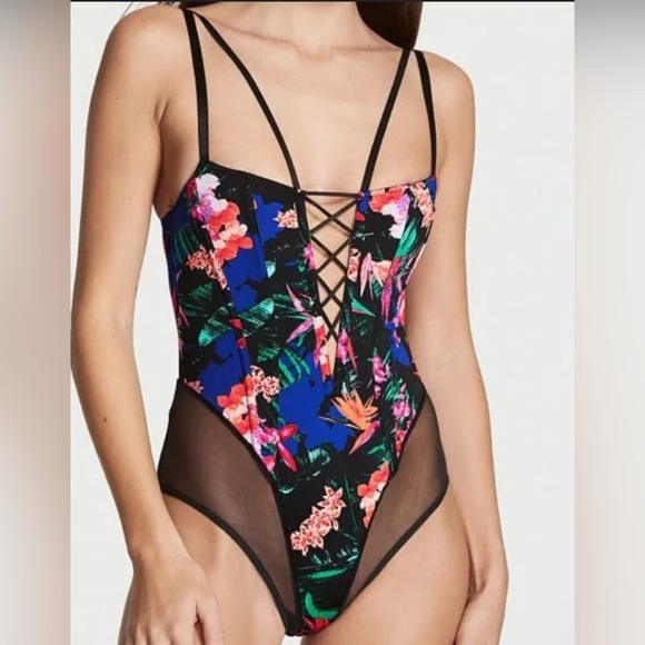 Victoria's Secret Other - Victoria’s Secret Dream Angels Tropical Floral Lace-Up Mesh Teddy S NWT